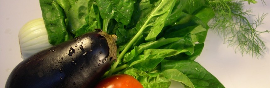 Aubergine, tomat och sallad i närbild